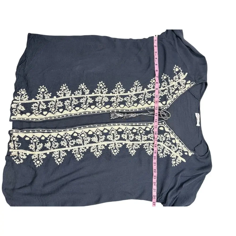 Embroidered Navy Open-Front Women's Swim Coverup Kimono - Picture 5 of 10